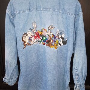 Light Wash Denim Jacket with Embroidered Looney Tunes Characters